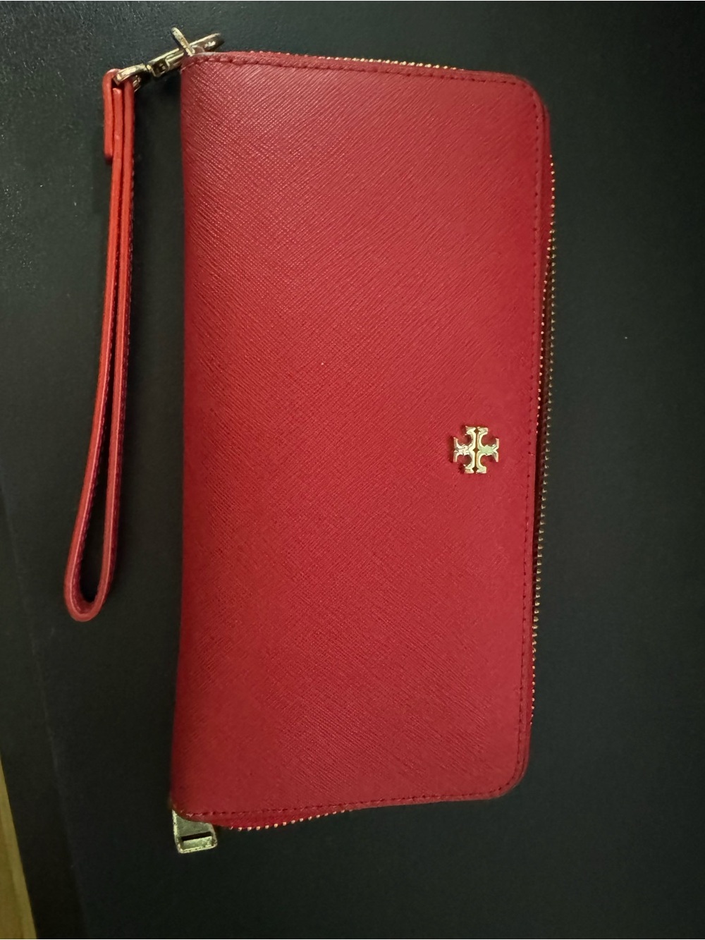 Tory Burch Crimson Saffiano Zip Wallet with Gold Logo